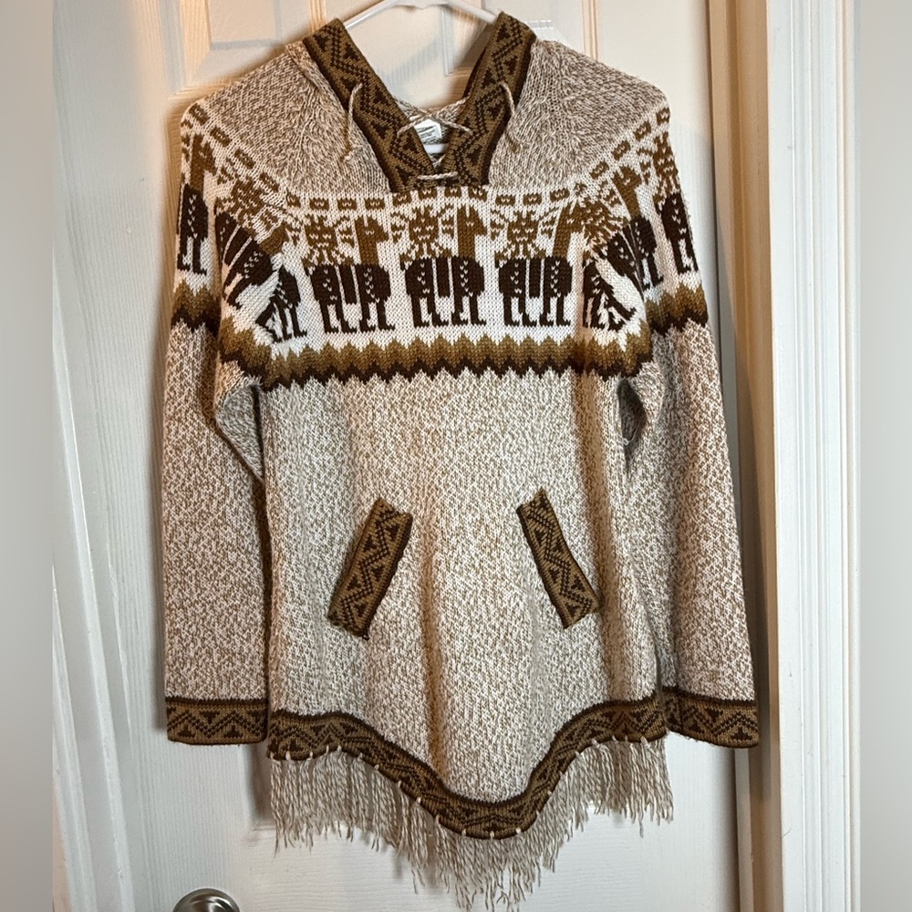 Alpaca Wool VTG Kenelma Peru Fringe Hem Coastal Cowgirl Sweater Hooded